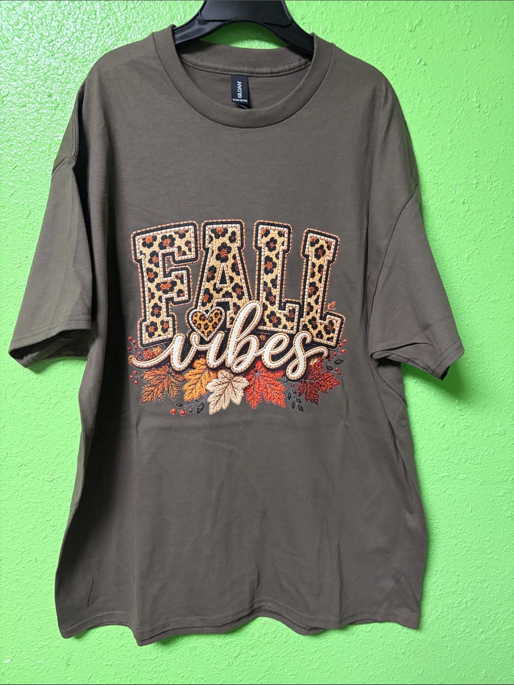 Gildan Olive Green "Fall Vibes" Graphic Tee with Leopard Accent